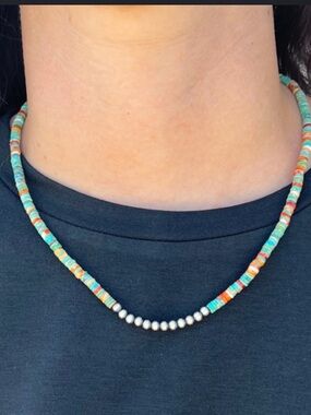 16" Heishi Kingman Turquoise & Spiny Sterling Silver 4mm Beaded Necklace